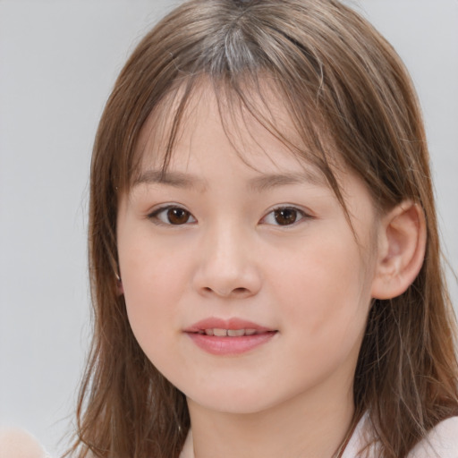 Joyful white child female with medium  brown hair and brown eyes