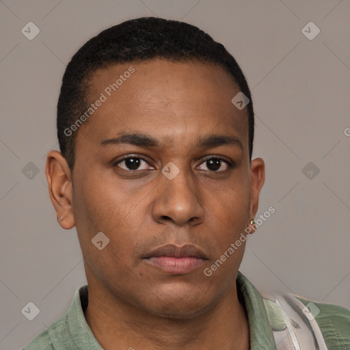 Neutral latino young-adult male with short  brown hair and brown eyes