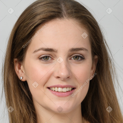 Joyful white young-adult female with long  brown hair and grey eyes