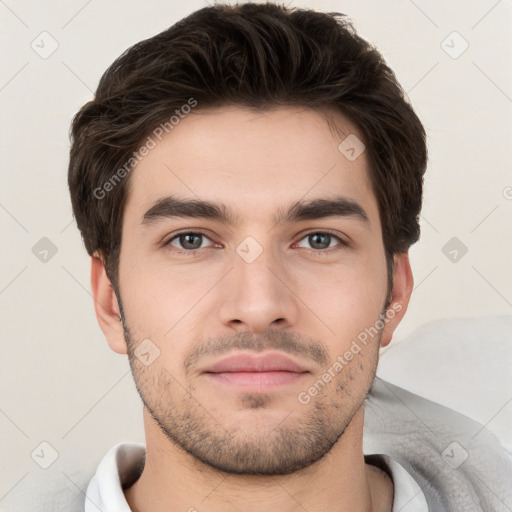 Neutral white young-adult male with short  brown hair and brown eyes