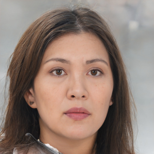 Neutral asian young-adult female with long  brown hair and brown eyes