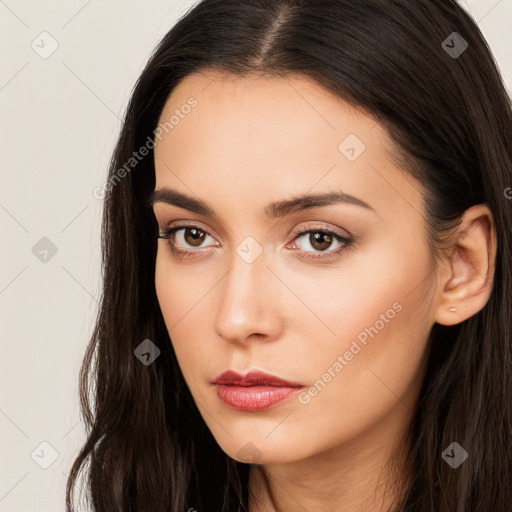 Neutral white young-adult female with long  brown hair and brown eyes