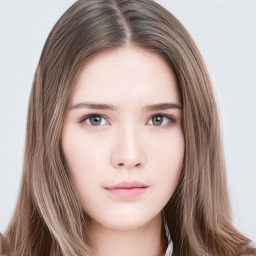 Neutral white young-adult female with long  brown hair and grey eyes