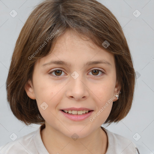 Joyful white child female with medium  brown hair and brown eyes