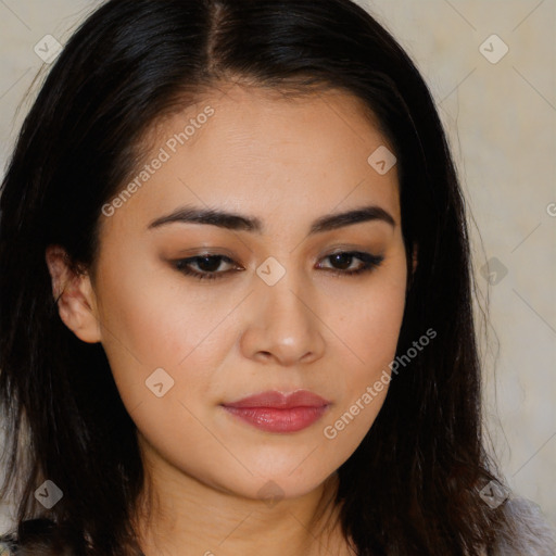 Joyful latino young-adult female with long  brown hair and brown eyes