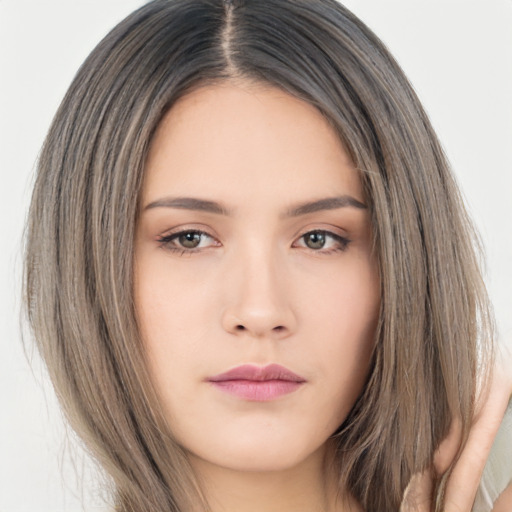 Neutral asian young-adult female with long  brown hair and brown eyes