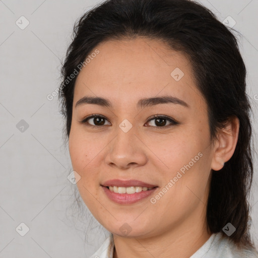 Joyful white young-adult female with medium  brown hair and brown eyes