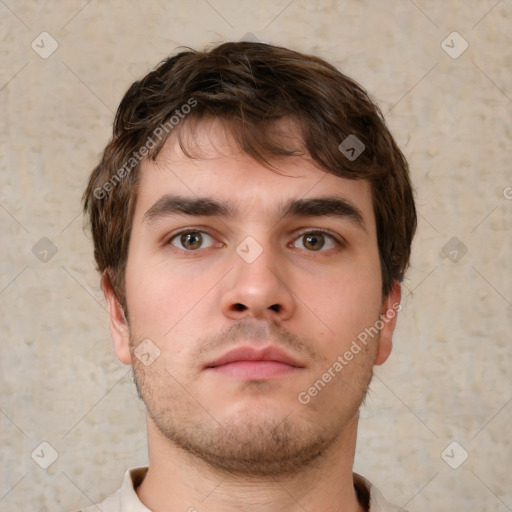 Neutral white young-adult male with short  brown hair and brown eyes