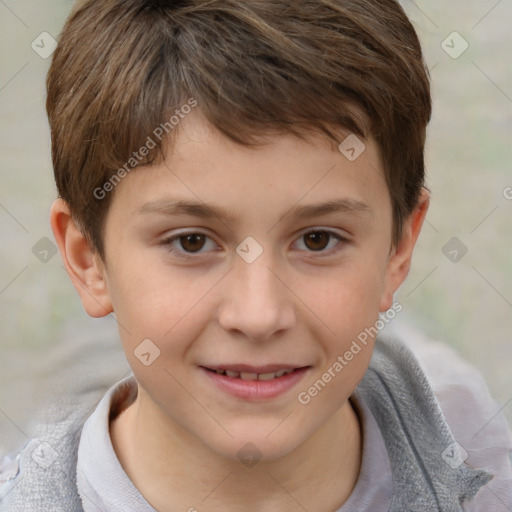 Joyful white child female with short  brown hair and brown eyes