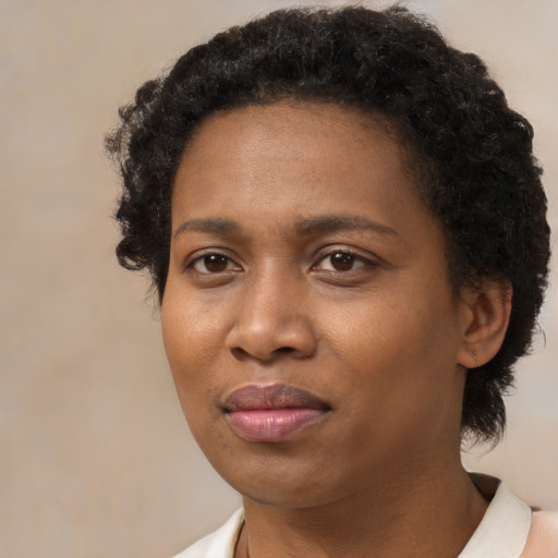 Joyful black adult female with short  brown hair and brown eyes