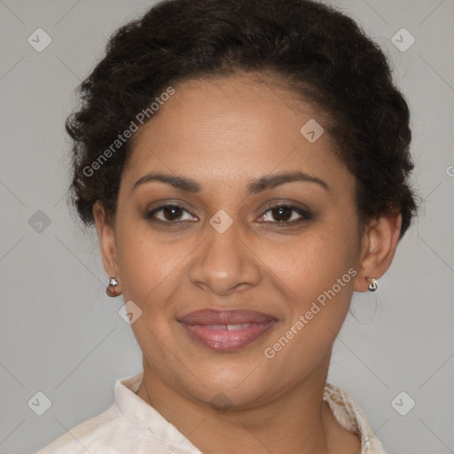 Joyful latino young-adult female with short  brown hair and brown eyes