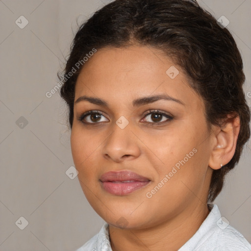 Joyful latino young-adult female with medium  brown hair and brown eyes