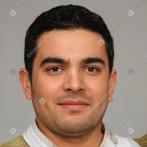 Neutral white young-adult male with short  brown hair and brown eyes