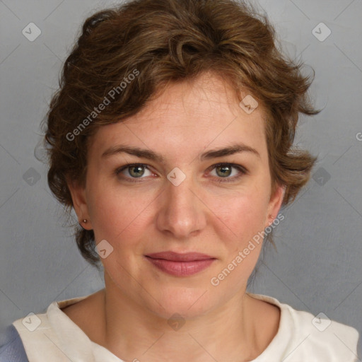 Joyful white young-adult female with medium  brown hair and blue eyes