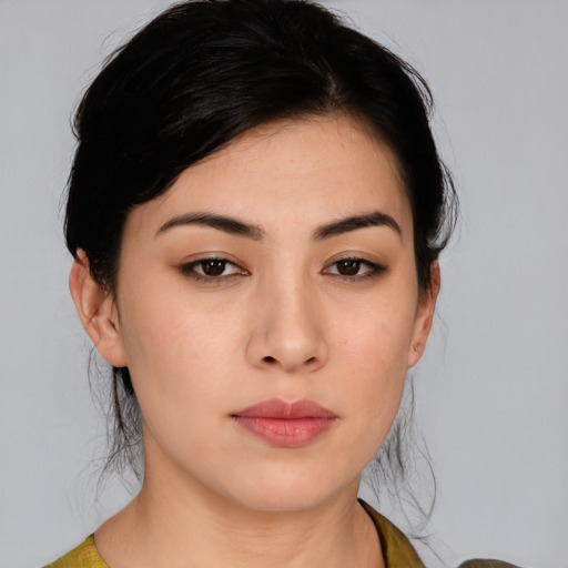 Neutral asian young-adult female with medium  black hair and brown eyes