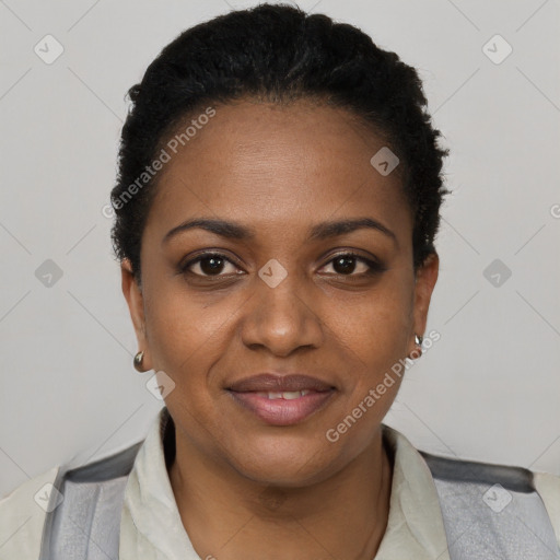 Joyful black young-adult female with short  black hair and brown eyes