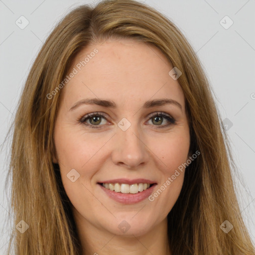 Joyful white young-adult female with long  brown hair and green eyes