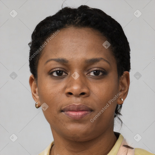 Neutral black young-adult female with short  black hair and brown eyes