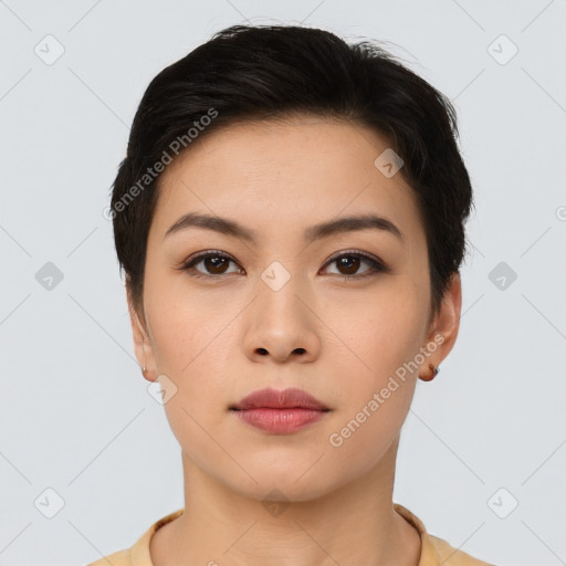 Neutral asian young-adult female with short  brown hair and brown eyes