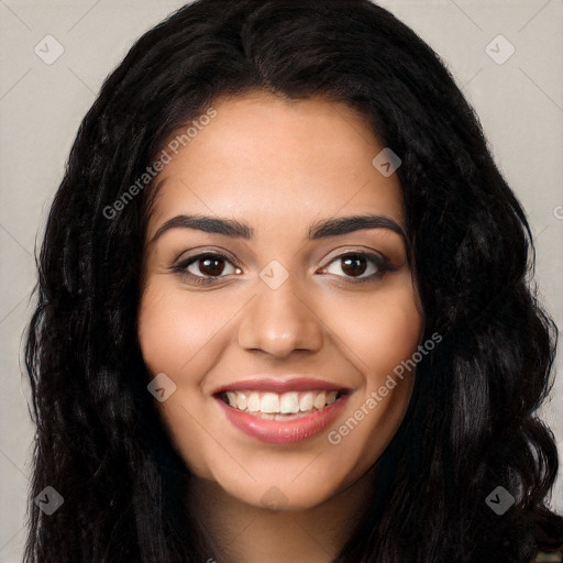 Joyful white young-adult female with long  black hair and brown eyes