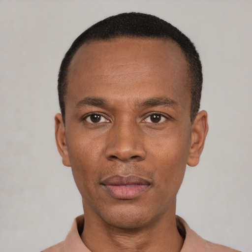 Neutral black young-adult male with short  black hair and brown eyes
