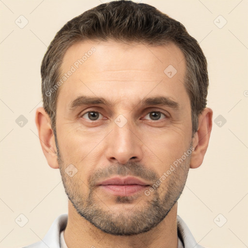 Neutral white adult male with short  brown hair and brown eyes