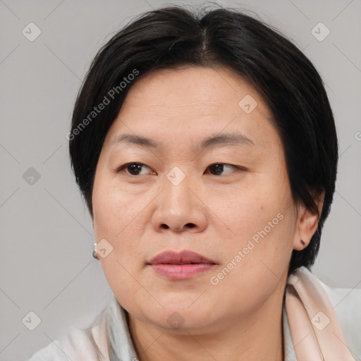 Joyful asian adult female with medium  brown hair and brown eyes