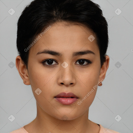 Neutral white young-adult female with short  brown hair and brown eyes