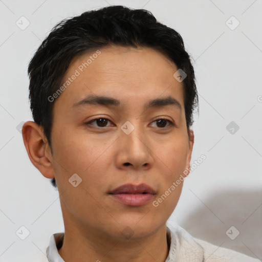 Neutral latino young-adult male with short  brown hair and brown eyes
