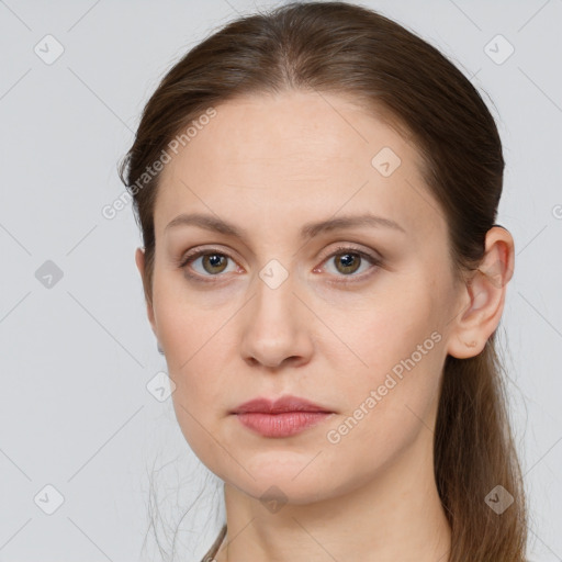 Neutral white young-adult female with long  brown hair and grey eyes