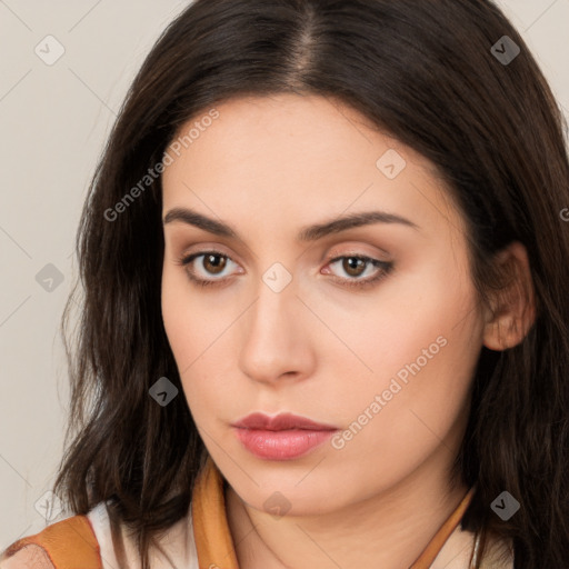 Neutral white young-adult female with long  brown hair and brown eyes