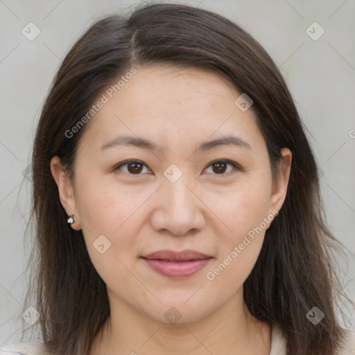 Joyful white young-adult female with medium  brown hair and brown eyes