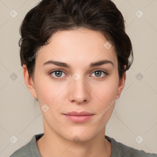 Neutral white young-adult female with short  brown hair and brown eyes