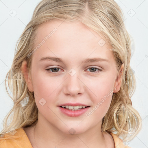 Joyful white child female with medium  brown hair and brown eyes