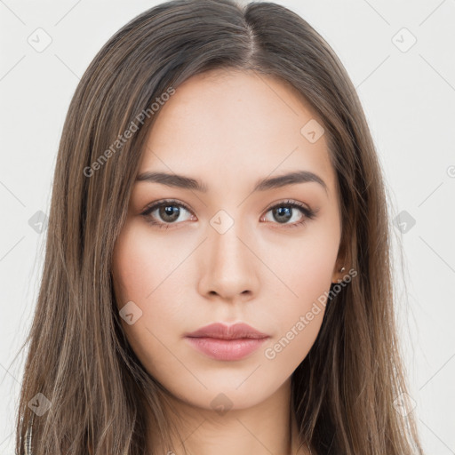 Neutral white young-adult female with long  brown hair and brown eyes