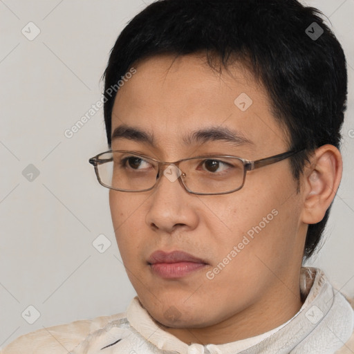 Neutral asian young-adult male with short  brown hair and brown eyes