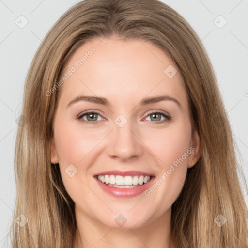 Joyful white young-adult female with long  brown hair and grey eyes