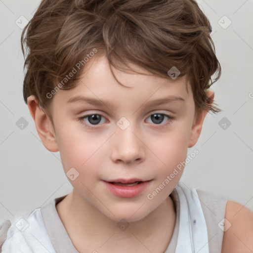 Joyful white child female with short  brown hair and brown eyes