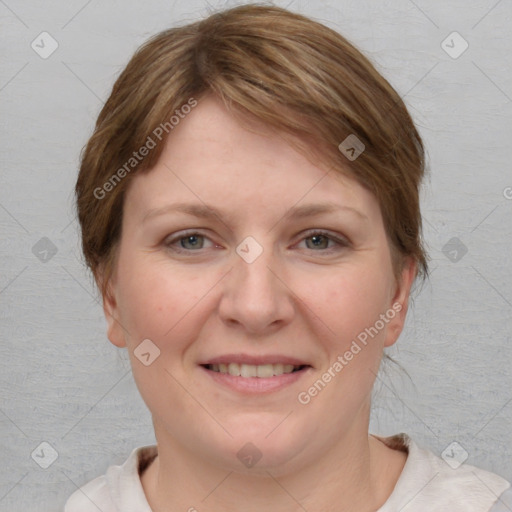 Joyful white young-adult female with medium  brown hair and blue eyes