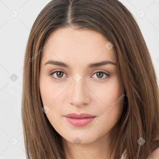 Neutral white young-adult female with long  brown hair and brown eyes