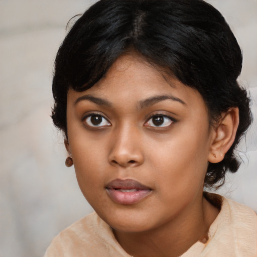 Neutral asian young-adult female with medium  black hair and brown eyes