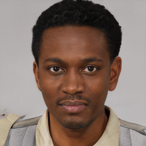 Neutral black young-adult male with short  black hair and brown eyes
