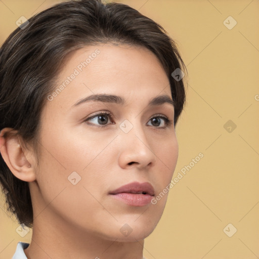 Neutral white young-adult female with medium  brown hair and brown eyes