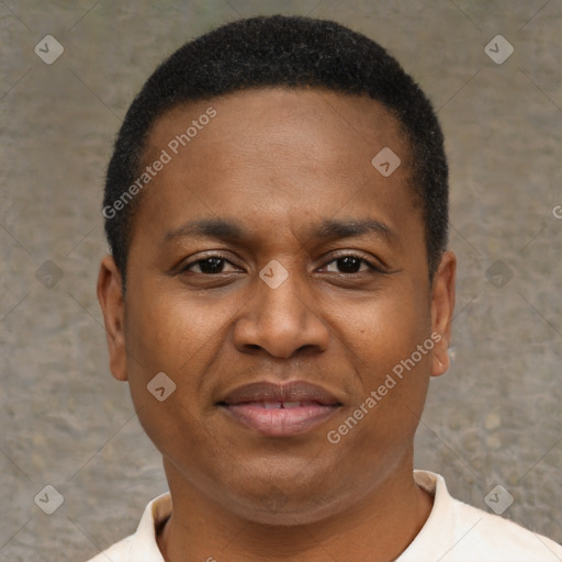 Joyful black young-adult male with short  brown hair and brown eyes