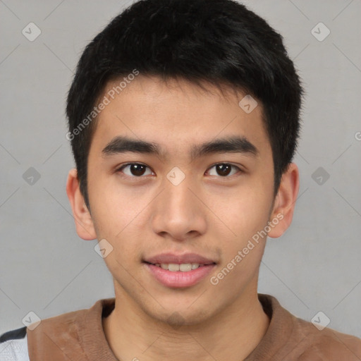 Neutral asian young-adult male with short  brown hair and brown eyes
