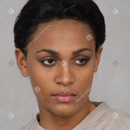 Neutral latino young-adult female with short  black hair and brown eyes