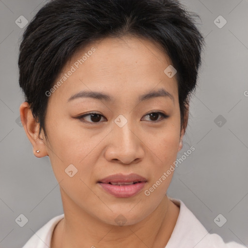 Joyful asian young-adult female with short  brown hair and brown eyes