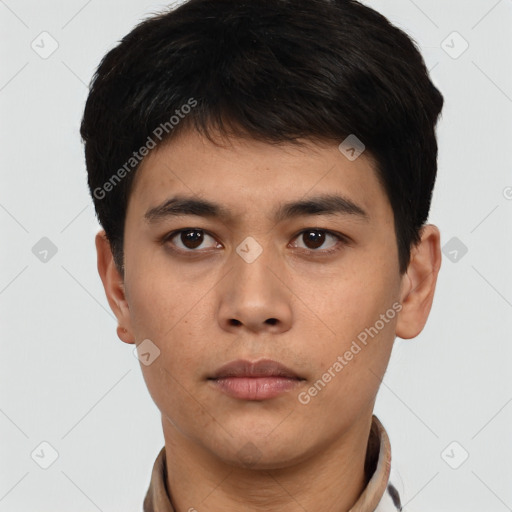 Neutral asian young-adult male with short  black hair and brown eyes