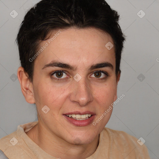 Joyful white young-adult female with short  brown hair and brown eyes