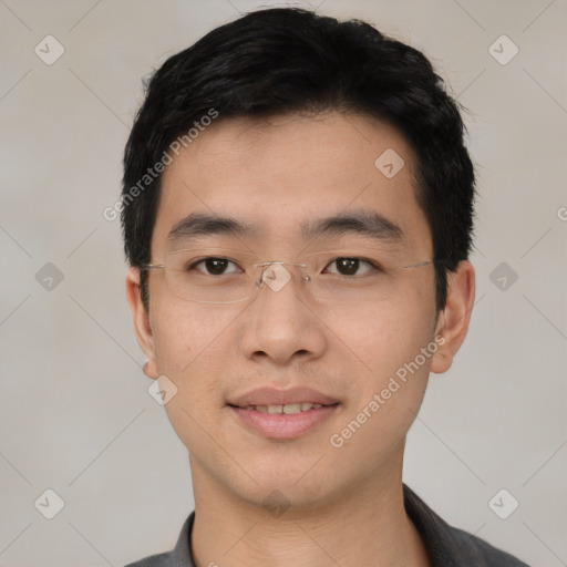 Neutral asian young-adult male with short  black hair and brown eyes